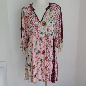 Umgee Womens Mixed Patchwork Print Pink Floral Mini Dress Sz M Flowy Boho Gauzy